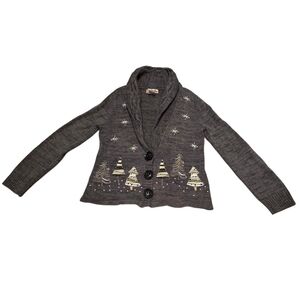 Timberlea Vintage Christmas Trees Snowflakes Embroidered Cardigan S Snap Button